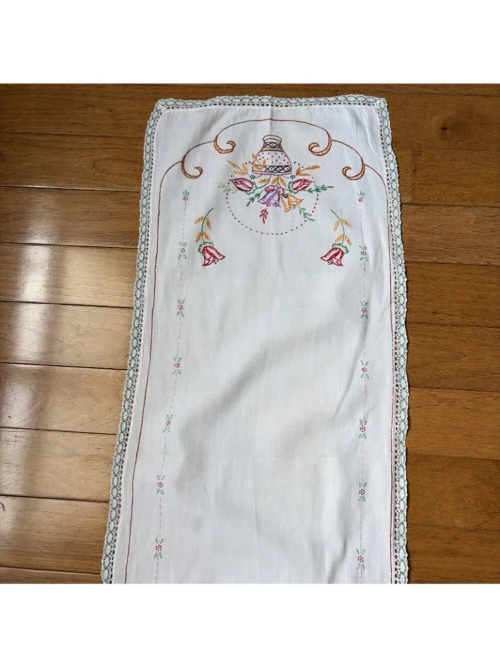 VTG Embroidered Table Runner 40x14 Multicolor Flowers in Basket Crochet Trim